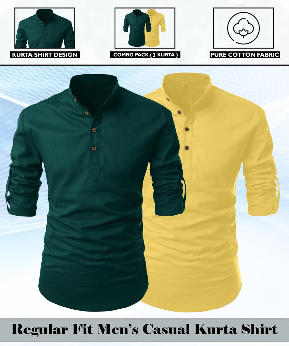 Finivo Fashion Combo Of MenS Regular Fit Cotton Blend Solid Full Sleeves Kurta | Short Kurta For Men (Pack Of 2)