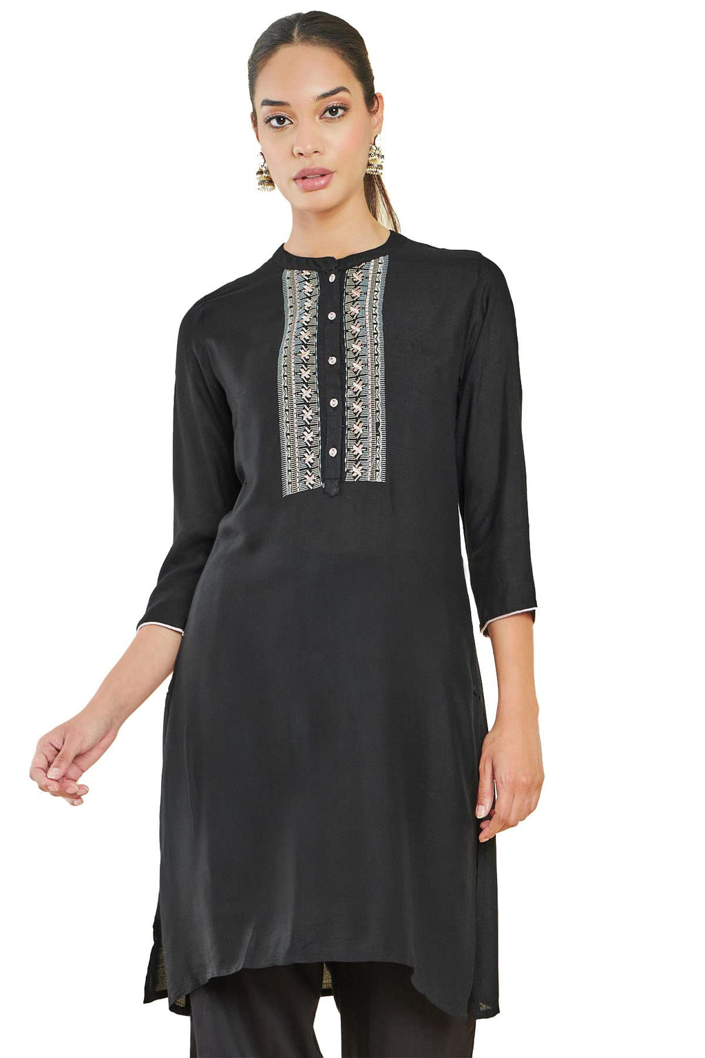 Soch Women Black Rayon Solid Kurta(8907715572773_Black_S)