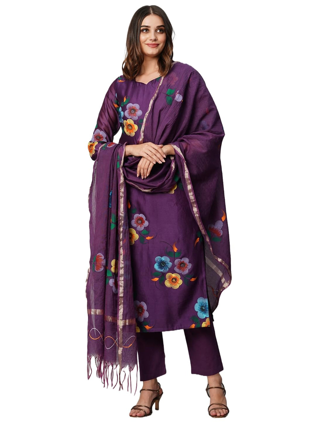 ANNI DESIGNER Womens Cotton Blend Straight Printed Kurta with Pant & Dupatta (Tank Violet_XXL_Violet_XX-Large)