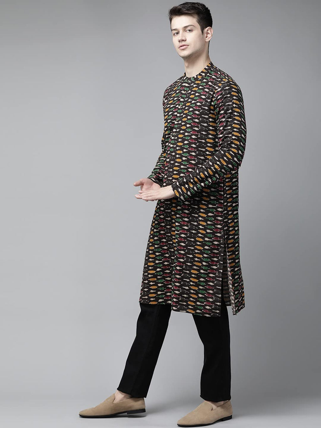 See Designs Men Black And Gold Kalamkari Block Printed Straight Sustainable Kurta