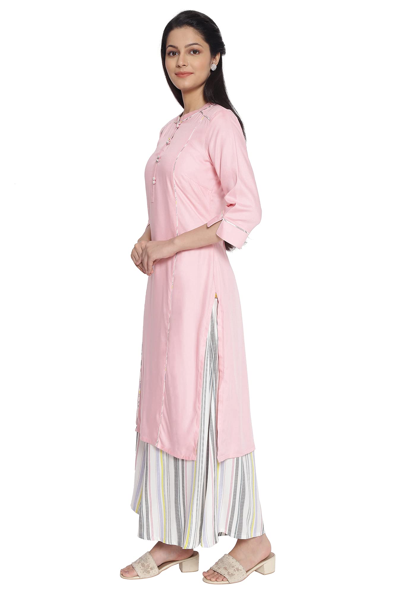 Aurelia Women'S Viscose Baby Pink Geometric Band Collar Straight Kurta