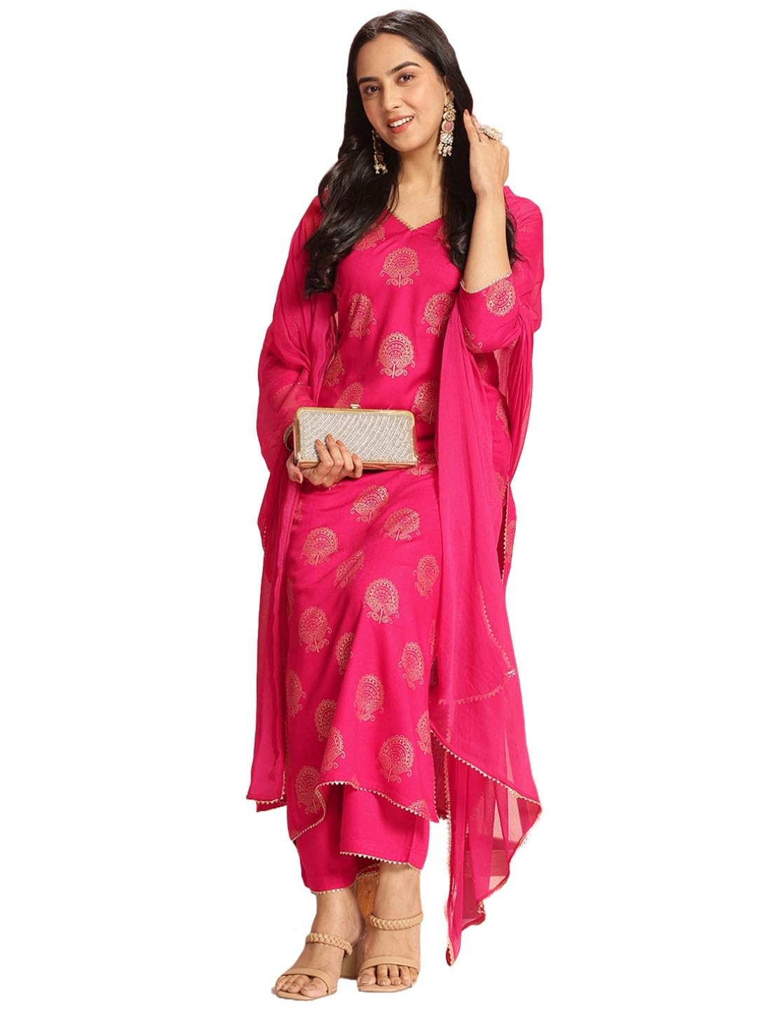 ANNI DESIGNER Womens Rayon Blend Printed Straight Kurta with Pant & Dupatta (Jubal Pink_XXL_Pink_XX-Large)