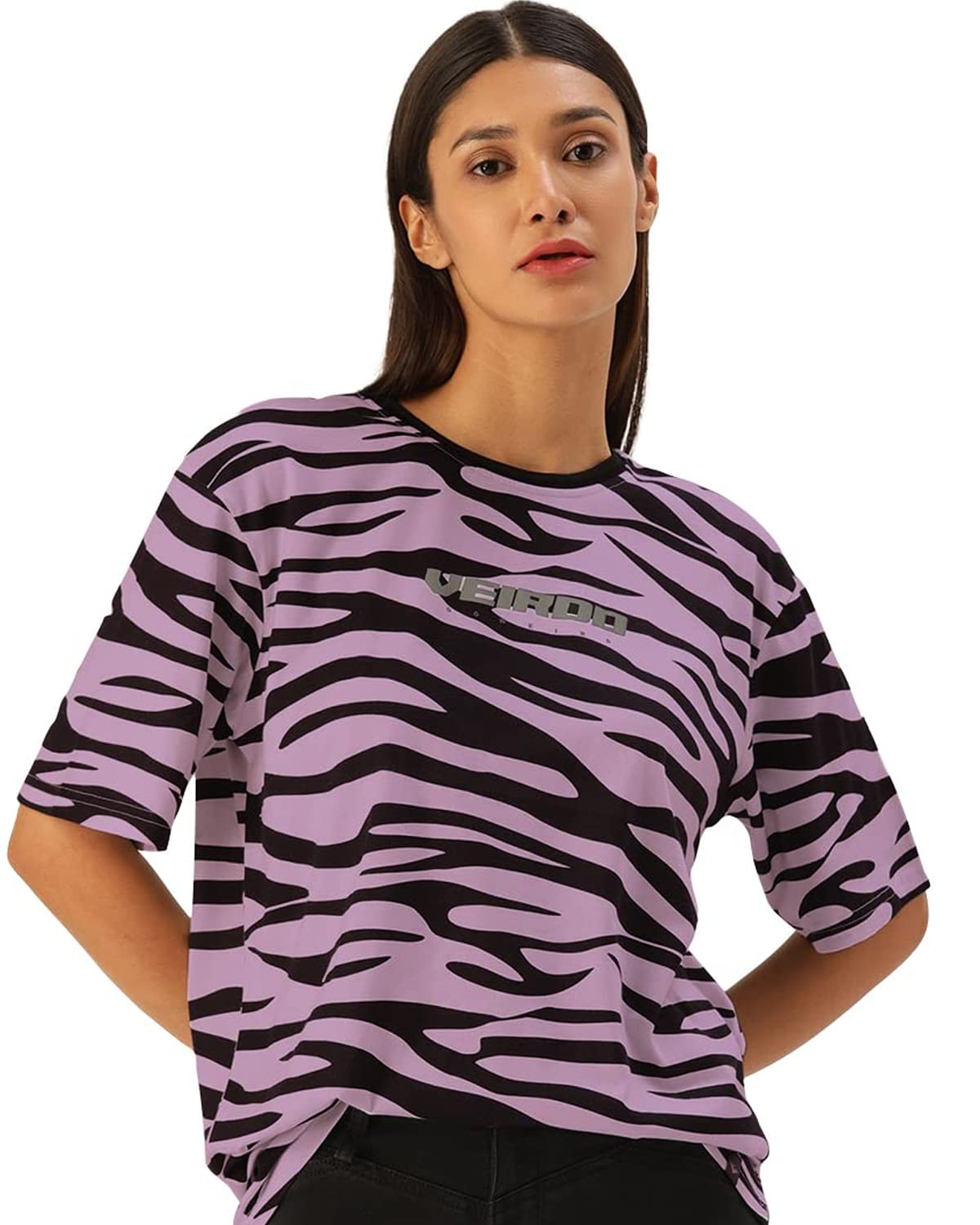 Veirdo Women's Cotton Short Sleeve Oversized Zebra Printed T-Shirt/Girls