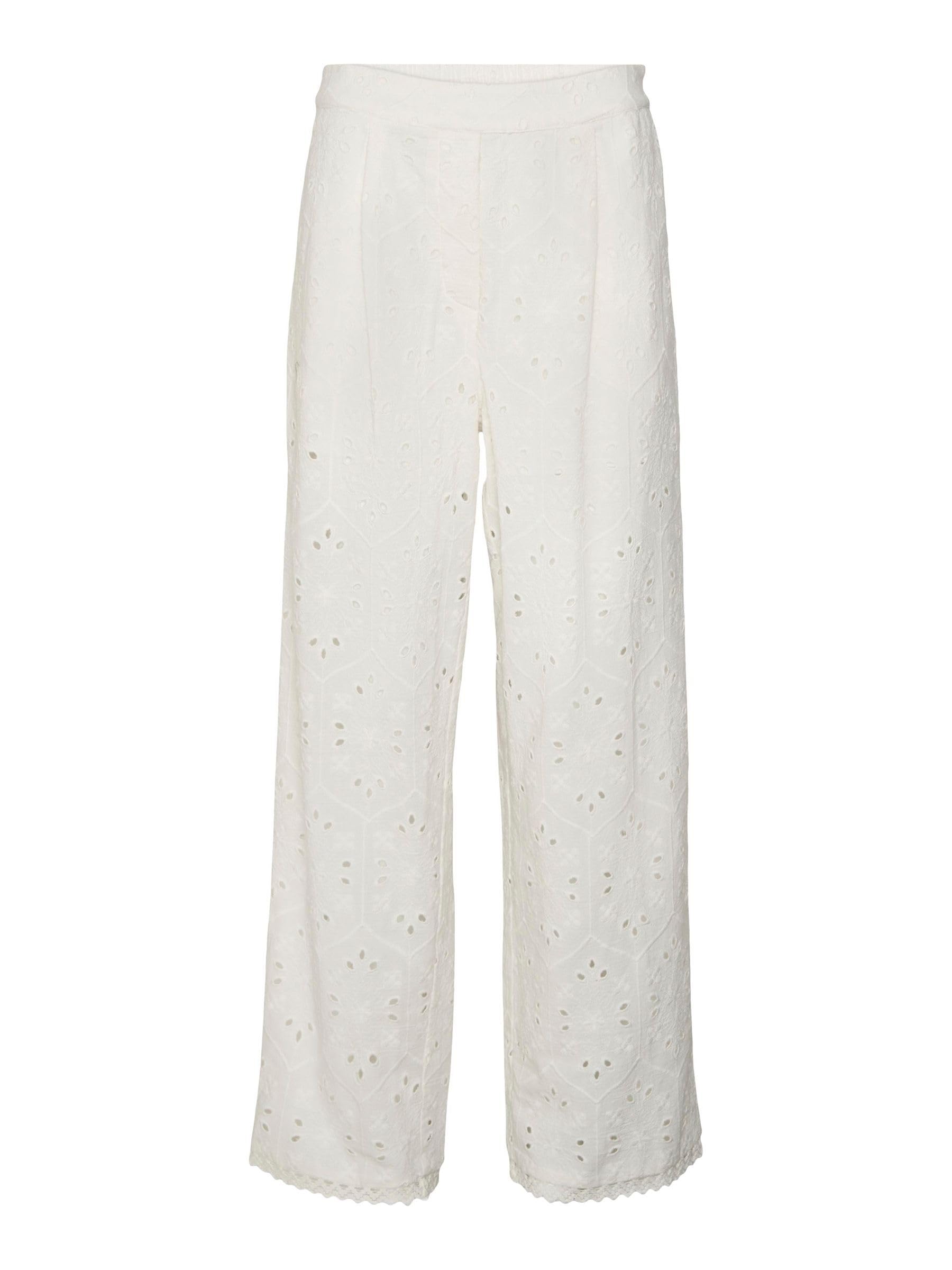 Vero Moda Women Self-Design White Cotton Wide Leg High-Rise Pants