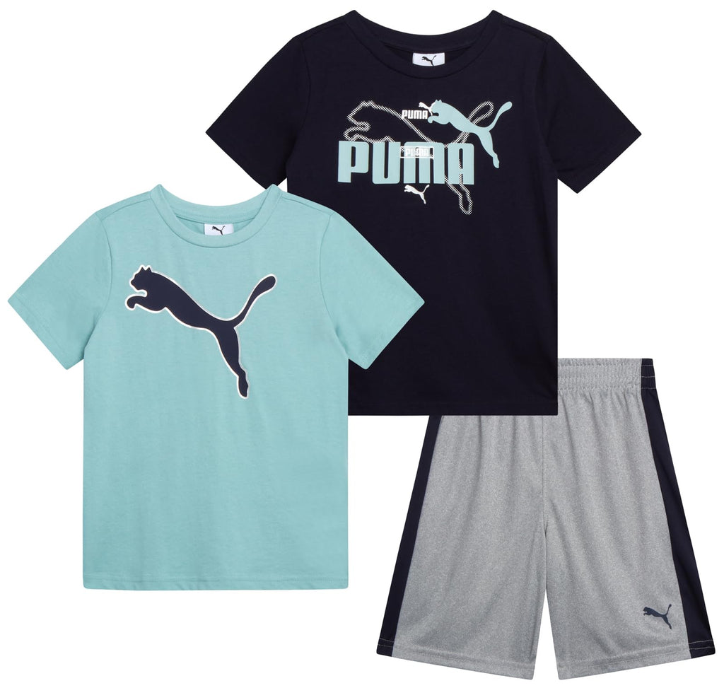 PUMA Boys' Short Set - 3 Piece Short Sleeve Graphic T-Shirts and Active Shorts Outfit Set for Boys (Sizes: 2T-7), Size 4, Mint/N