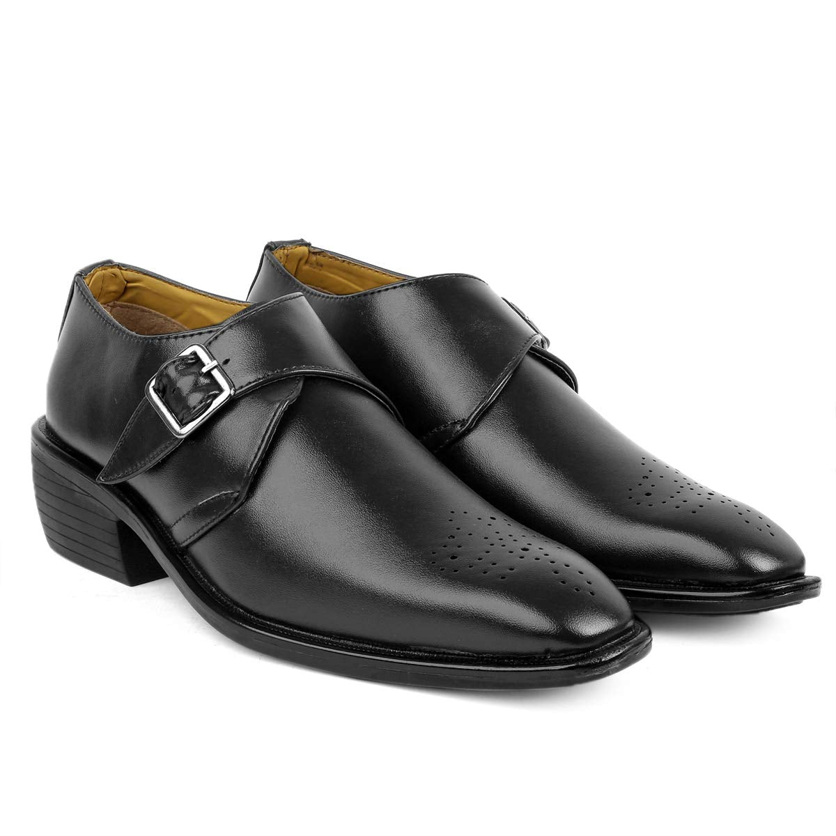 YUVRATO BAXI Mens 2 Heel Height Increasing Black Formal Moccasion Monk Buckle, Slipon Shoes with Synthetic Material and Pu Sol 5