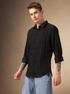 Dennis Lingo Men Black Textured Polyester Regular Fit Full Sleeve Shirts