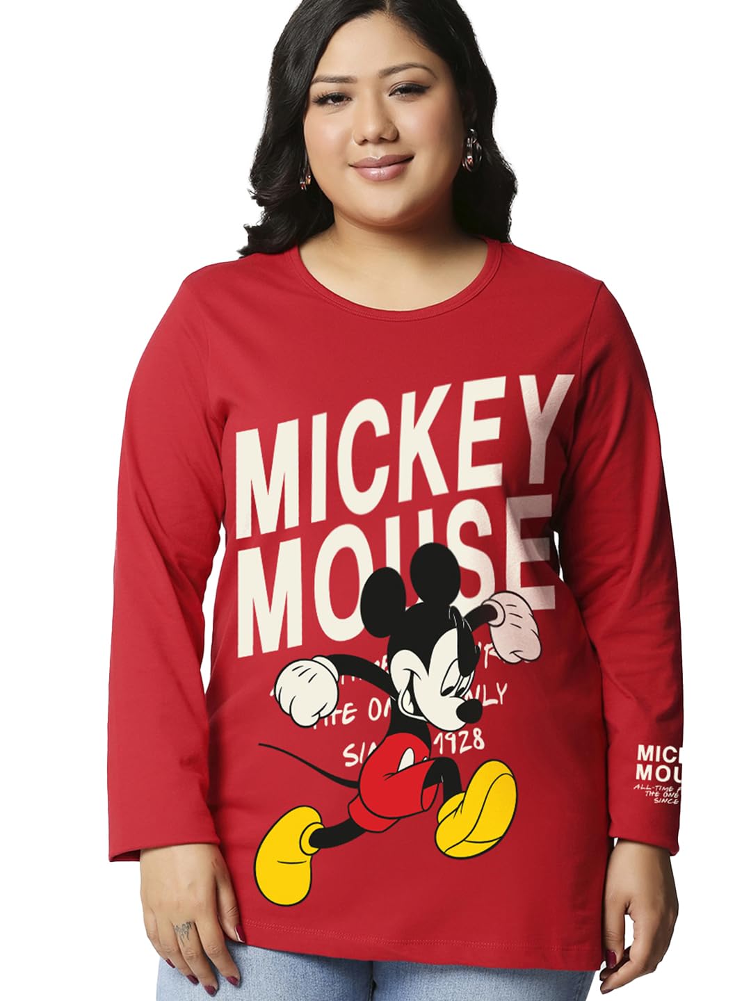 Bewakoof Official Disney Merchandise Mickey Mouse Womens Graphic Printed Regular Fit Full Sleeve Round Neck Cotton Jersey Plus 