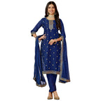 Ishin Women'S Ethnic Blue Embroidered Motifs Art Silk Kurta Set With Dupatta