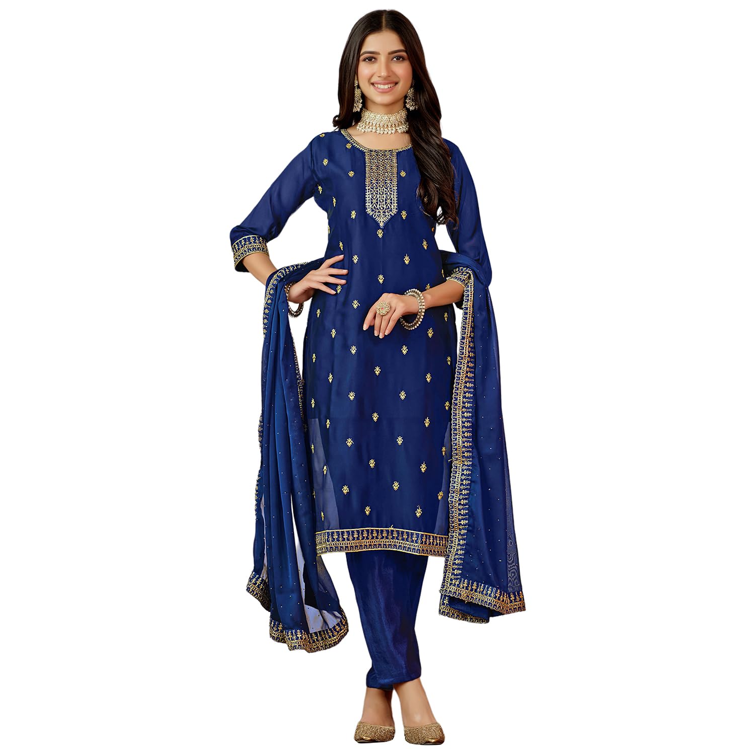 Ishin Women'S Ethnic Blue Embroidered Motifs Art Silk Kurta Set With Dupatta