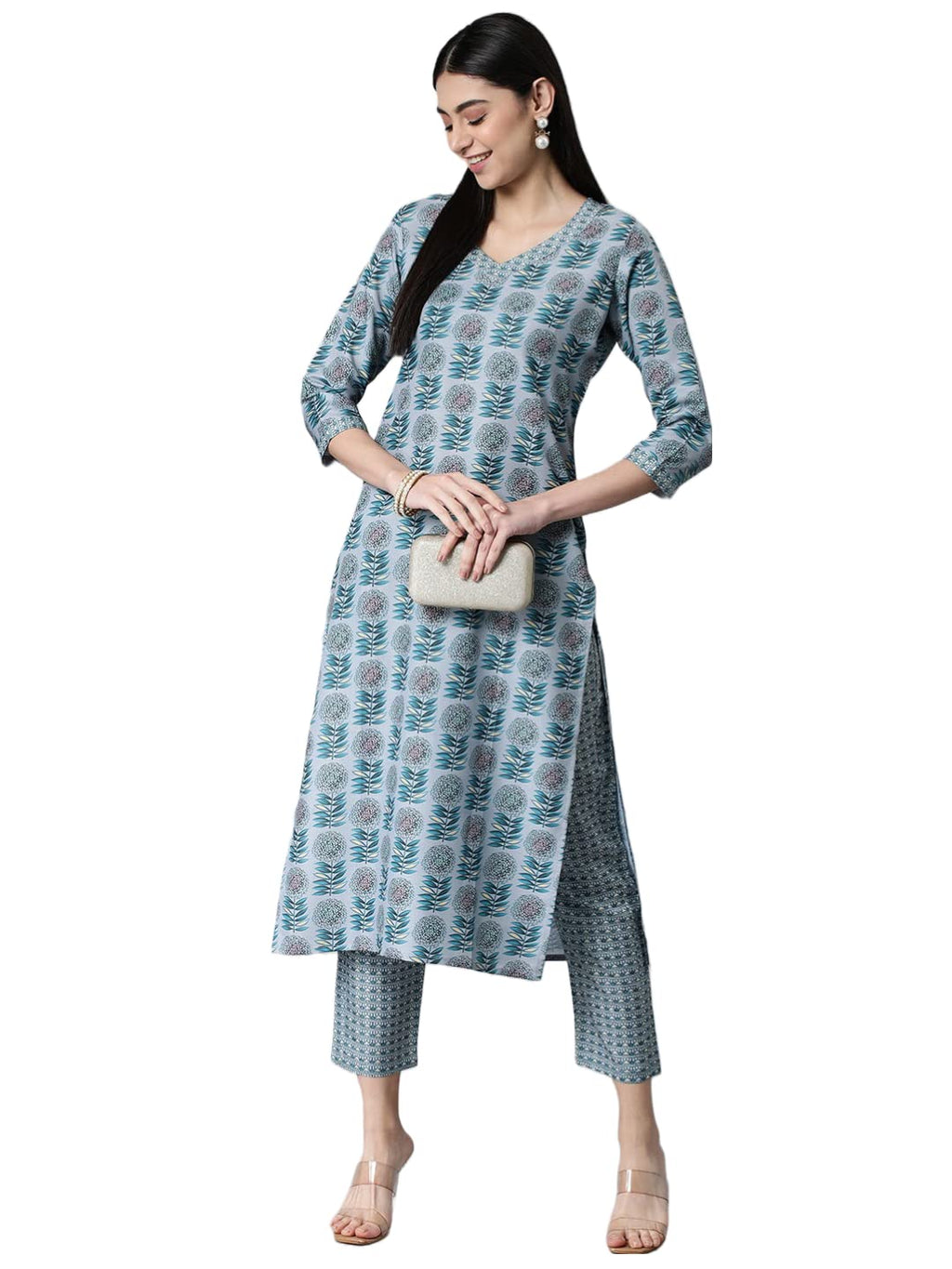 ANNI DESIGNER Womens Cotton Blend Printed Straight Kurta with Pant (Jinki-Grey_XXL_Dark Blue_XX-Large)
