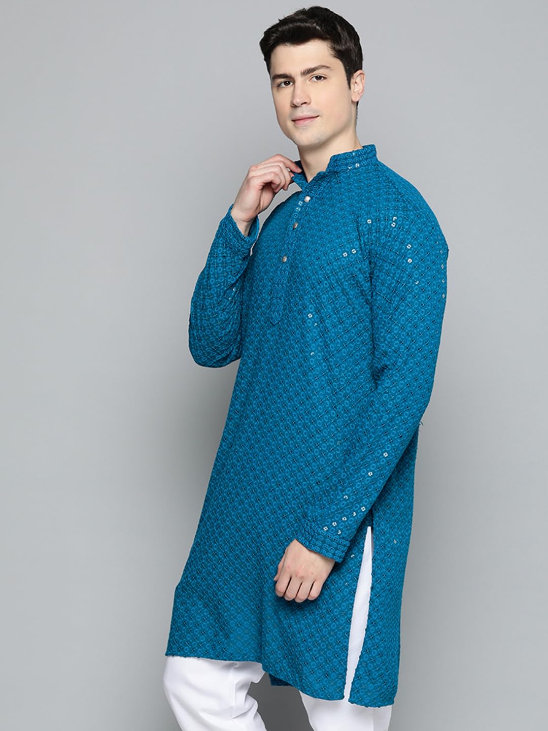 Jompers Mens Peacock Chikankari Embroidered And Sequence Kurtas (Peacock, Xl)