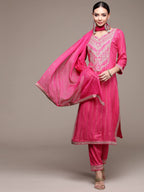 anubhutee Womens Pink Gotawork Printed Kurta set with Trousers and Dupatta