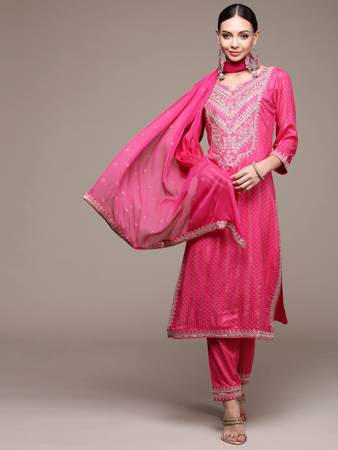 anubhutee Womens Pink Gotawork Printed Kurta set with Trousers and Dupatta