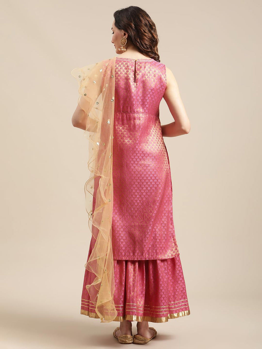 Varanga Women Pink And Gold Brocade Sleeveless Kurta Sharara Set With Sequins Ruffle Dupatta.