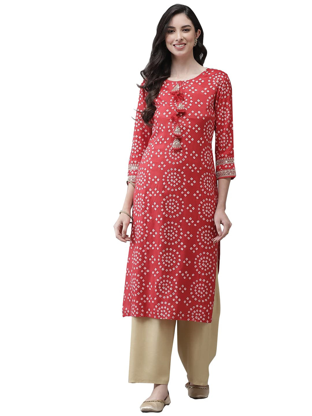Ishin Women'S Silk A-Line Embellished Zari Bandhani Print Red Kurti Ksgl-19013_S_Red
