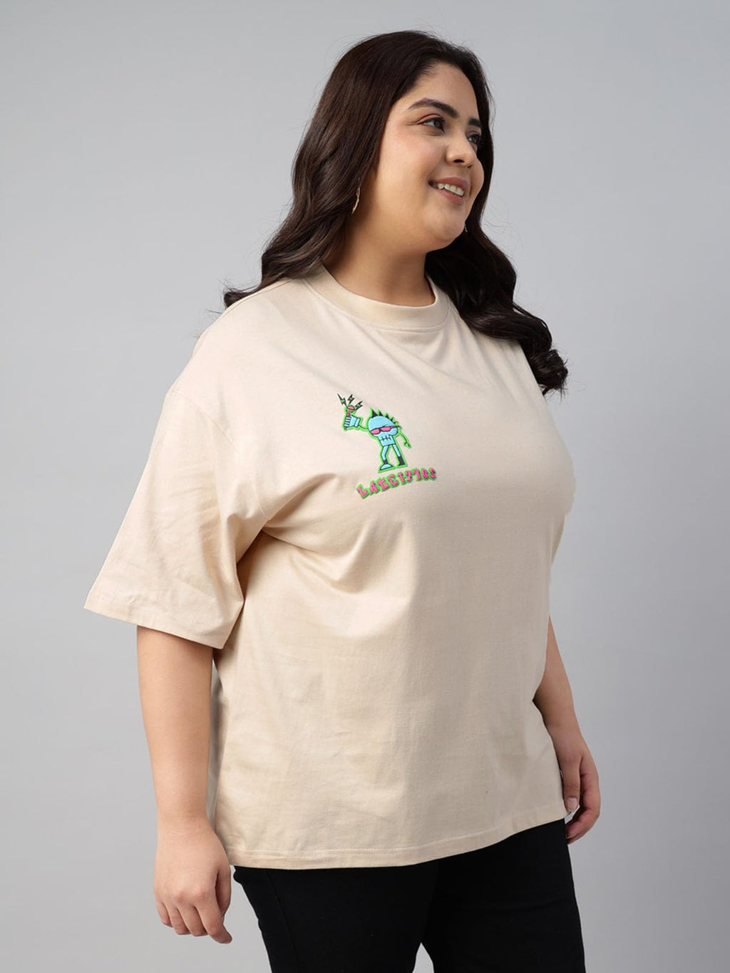 Juneberry 100% Pure Cotton Oversized Baggy Fit Funky Pocket Printed Half Sleeve Plus Size T-Shirt For Women & Girls (Jb_Ps_Lt197