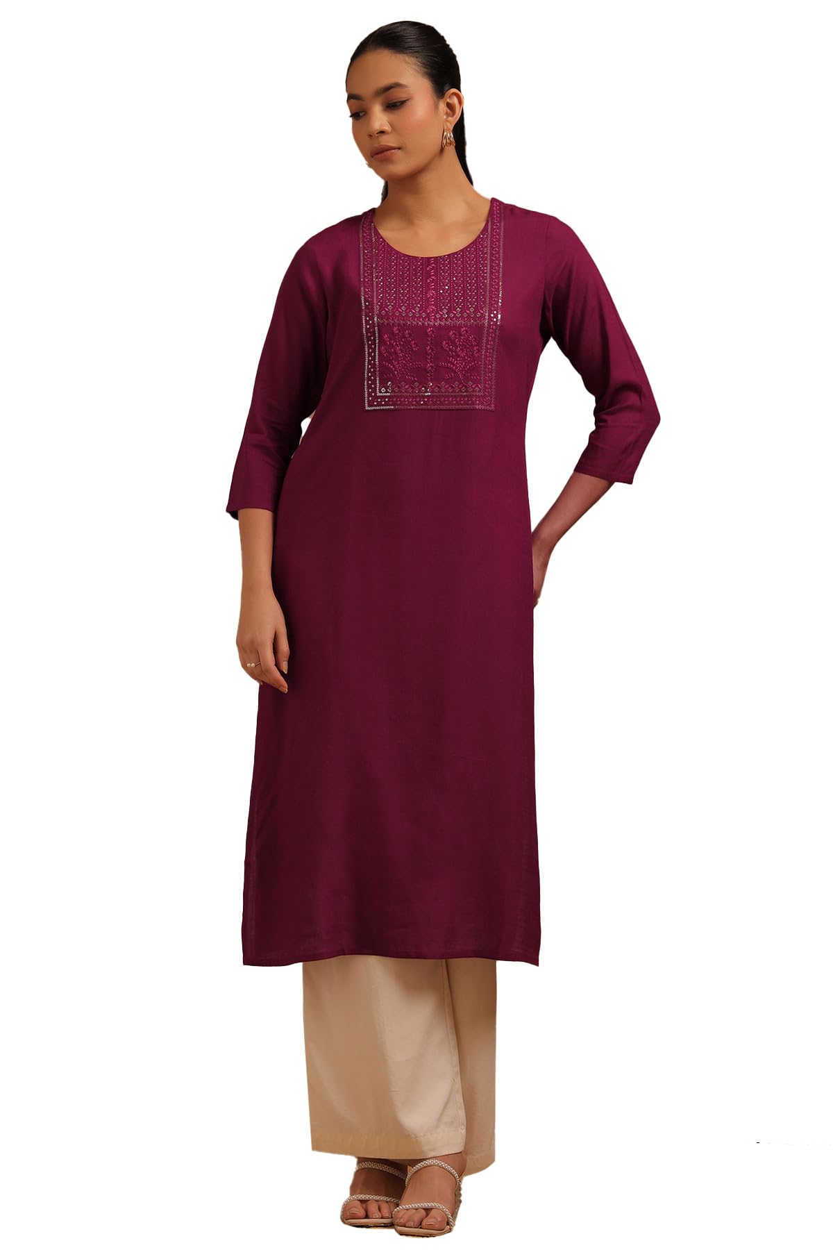 Soch Women Rayon Slub Embroidered Kurta Sequins