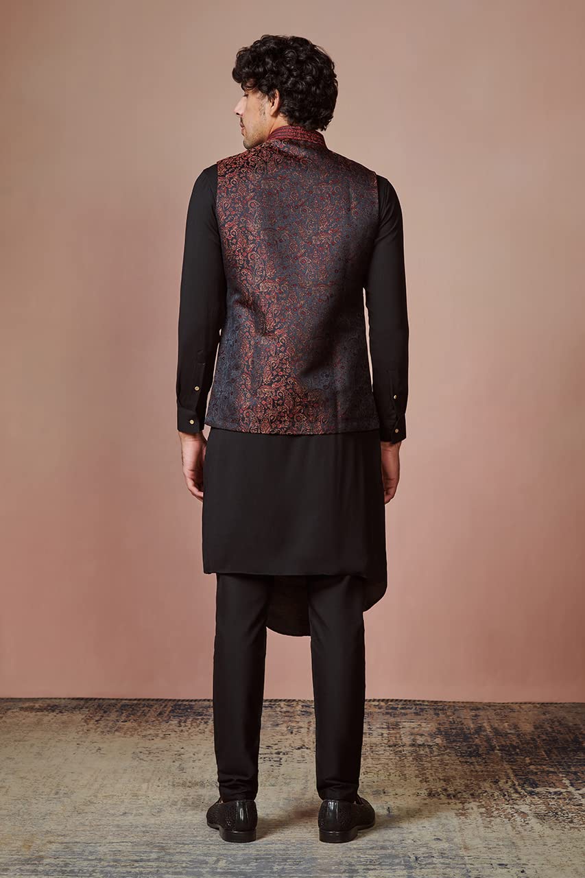 Manyavar Kurta Jacket Set For Men, Full Sleeves Mandarin Collar Ethnic Kurta Jacket Set For Festival, Wedding, Party Blended Ray