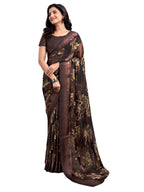 Satrani Womens Georgette Floral Printed Satin Stripe Saree with Unstitched Blouse Piece (3881S121N_Brown)