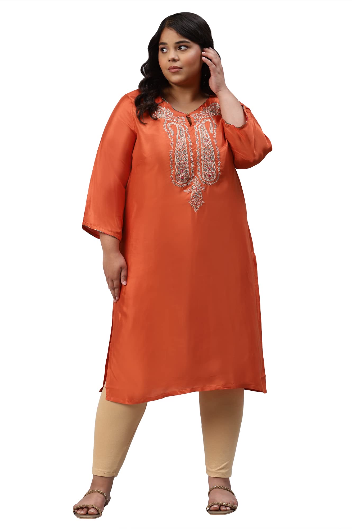 W For Women Orange Shantung Plus Size Kurta With Multicoloured Embroidery_22Auw18408G-218251_4Xl