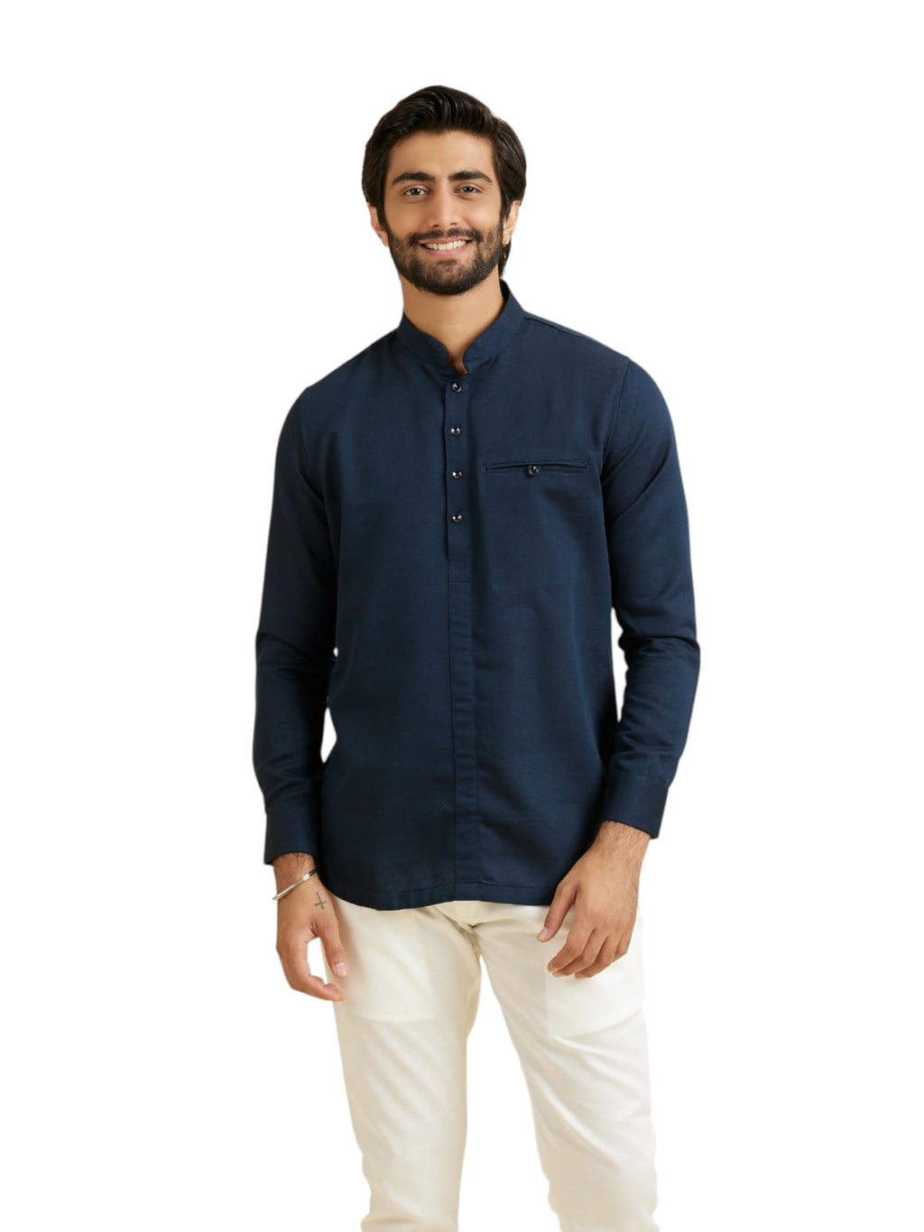 Manyavar Mens Cotton Bandhgala Collar Short Kurta(Dark Blue,XXXL)