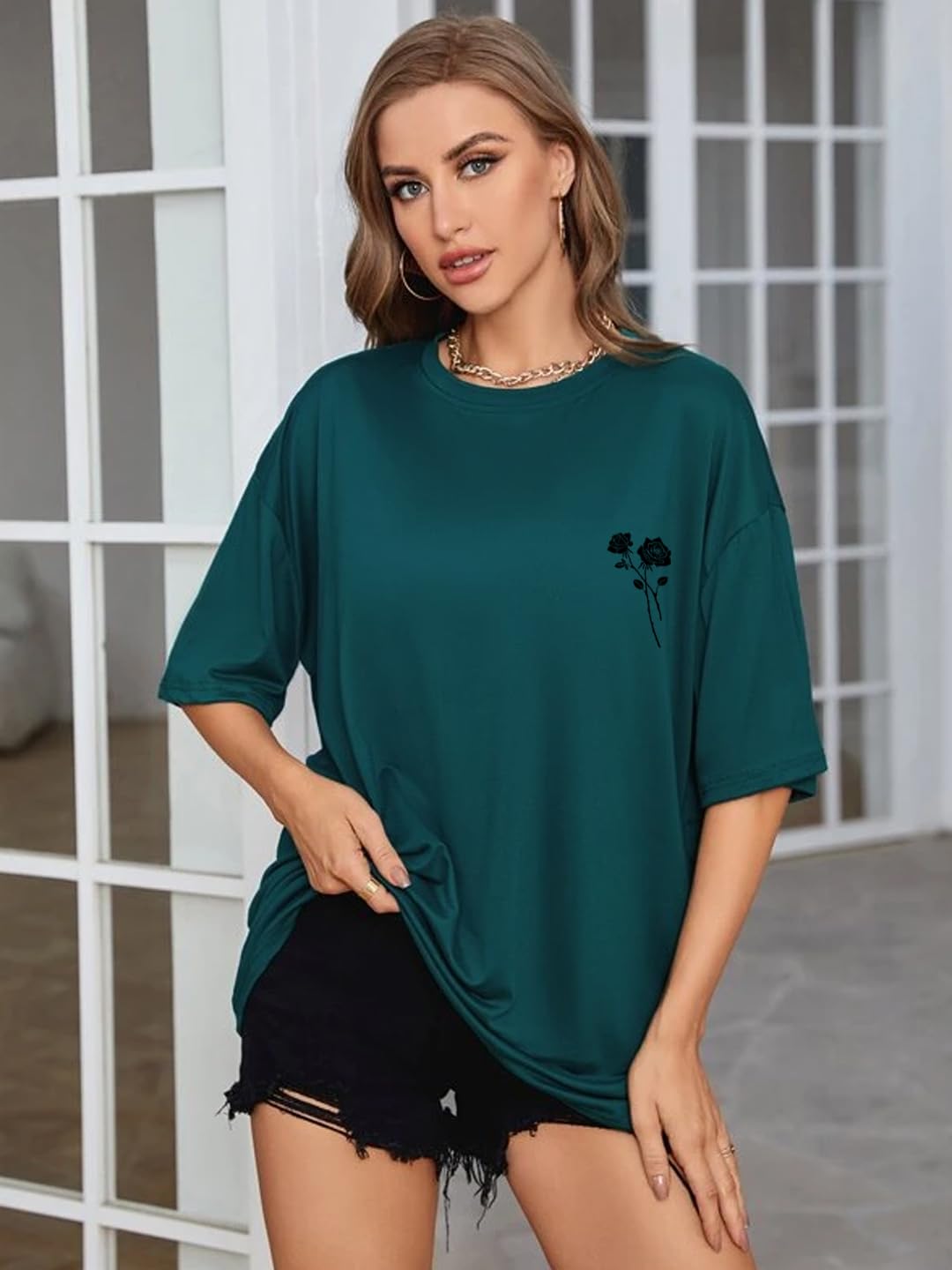 Rigo Back Printed Half Sleeves Round Neck Oversized T-Shirt for Women | Drop Shoulder T-Shirt | Loose Baggy Fit T-Shirt for Wome
