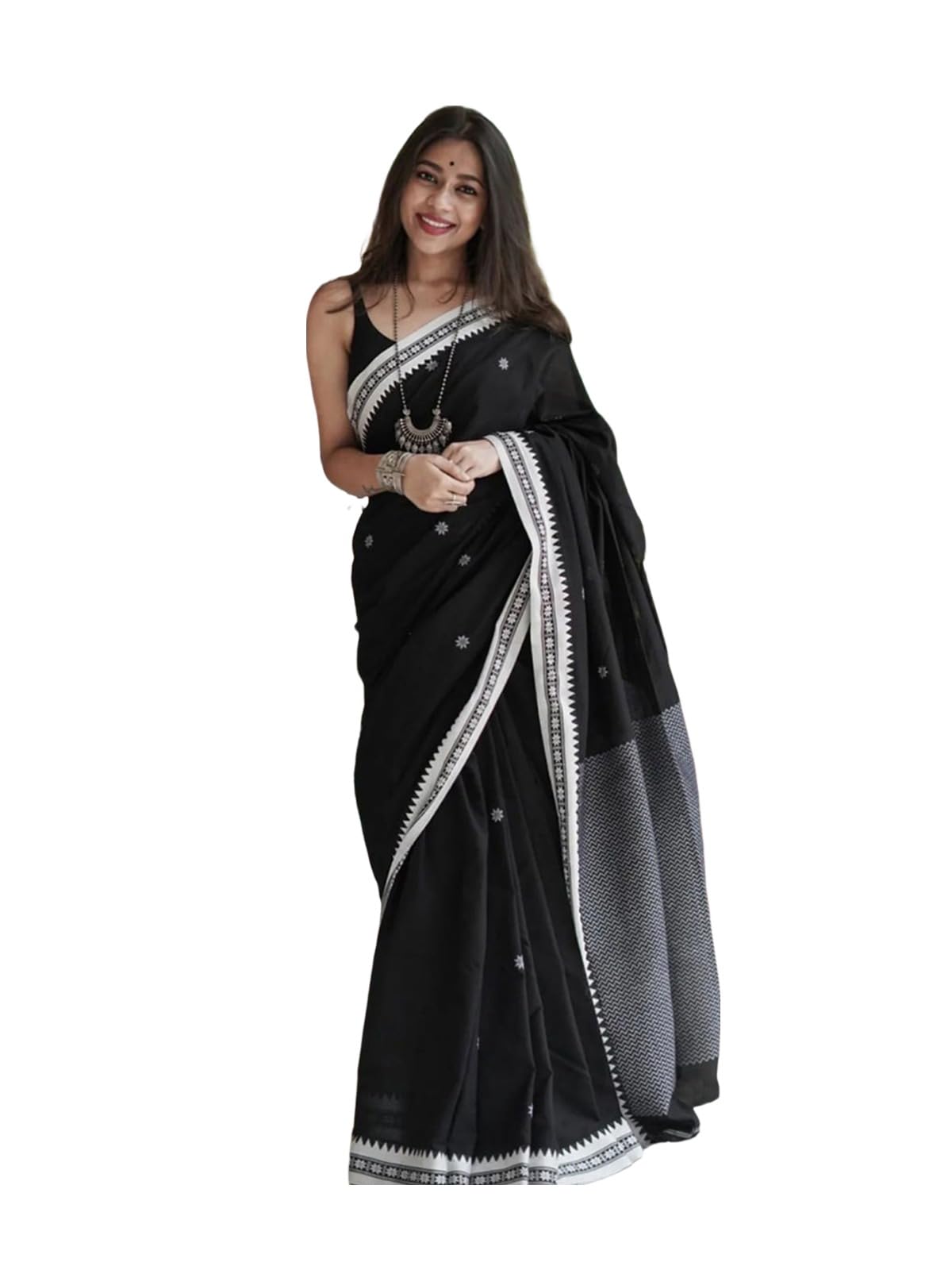 Satrani Womens Cotton Silk Banarasi Jacquard Kanjivaram Silk Saree with Unstitched Blouse Piece (3684S134N_Black & Silver)