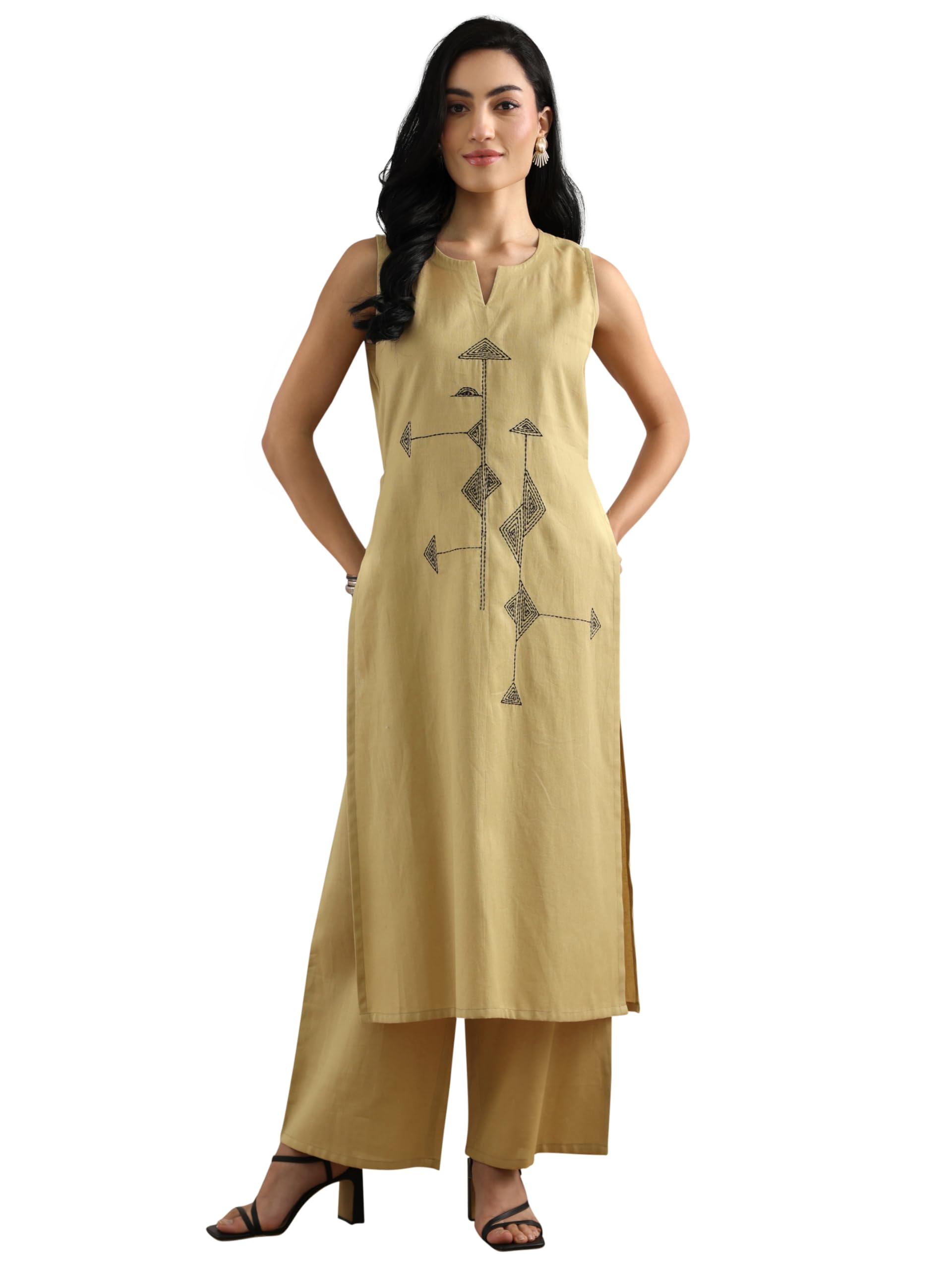 Libas Womens Embroidered Cotton Straight Kurta With Palazzos