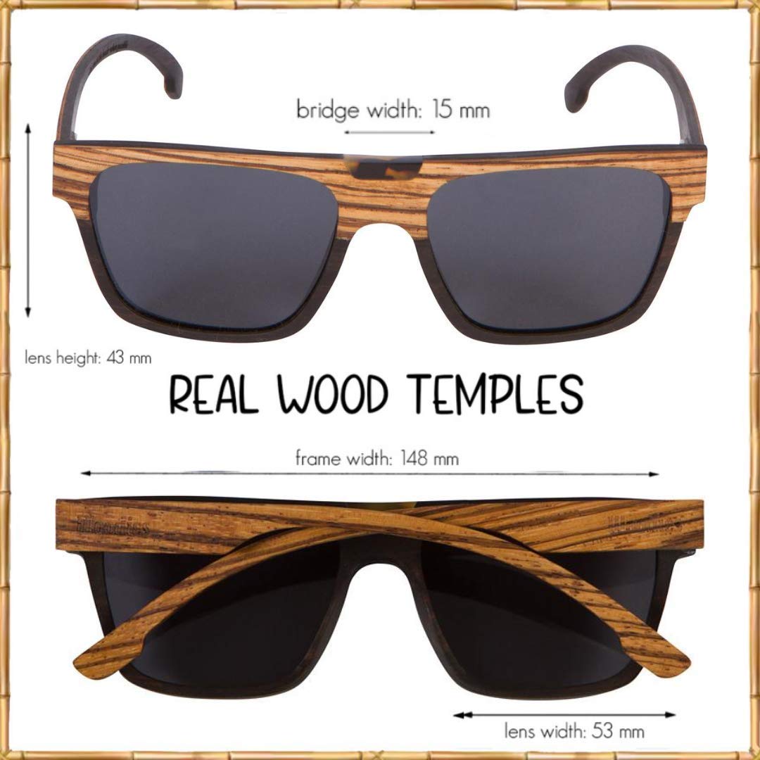 Woodies Polarized Modern Semi Square Sunglasses | Dark Lenses, Full Wood Frame | 100% UVA/UVB Ray Protection