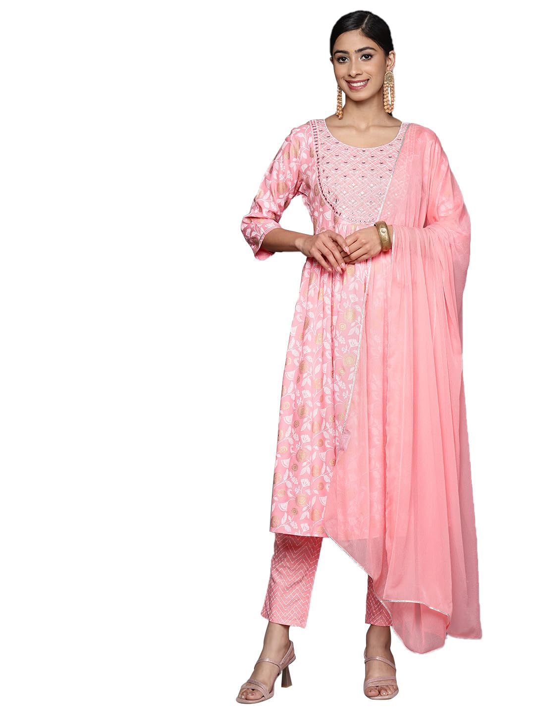 Libas Womens Yoke Design Viscose A-Line Kurta With Trousers And Dupatta