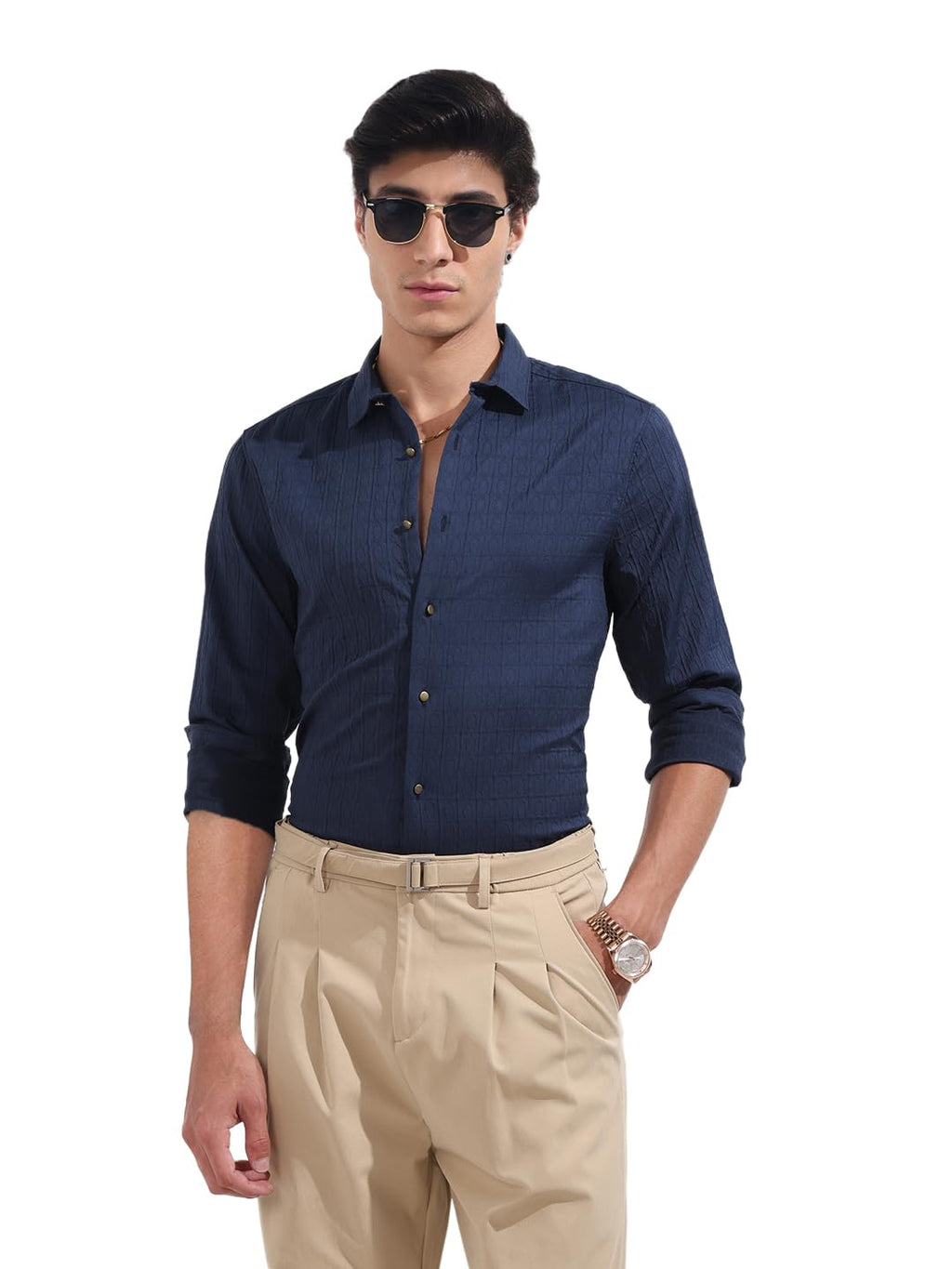 The Indian Garage Co Mens Regular Fit Textured Cutaway Collar Long Sleeves Party Sweater