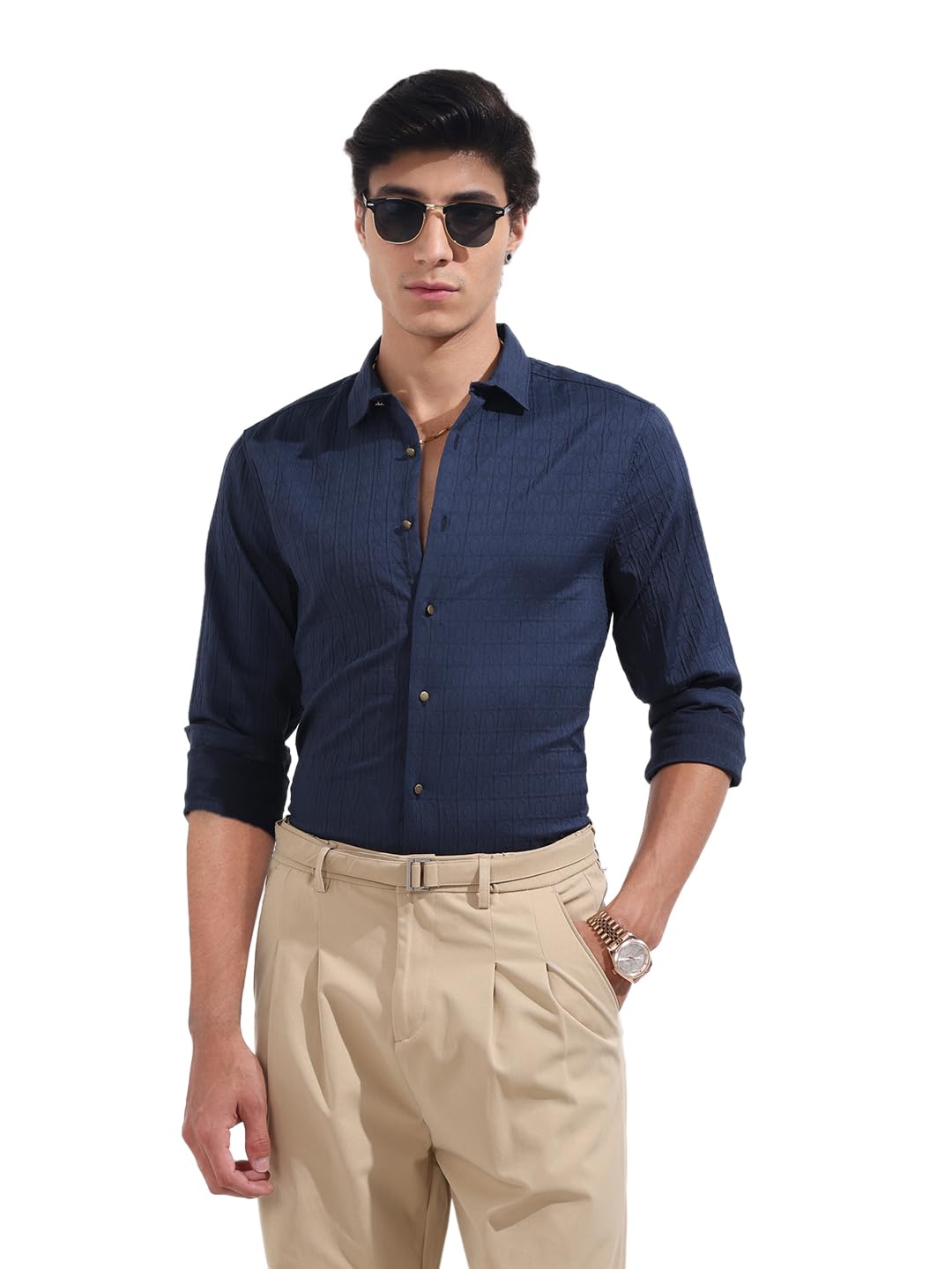 The Indian Garage Co Mens Regular Fit Textured Cutaway Collar Long Sleeves Party Sweater