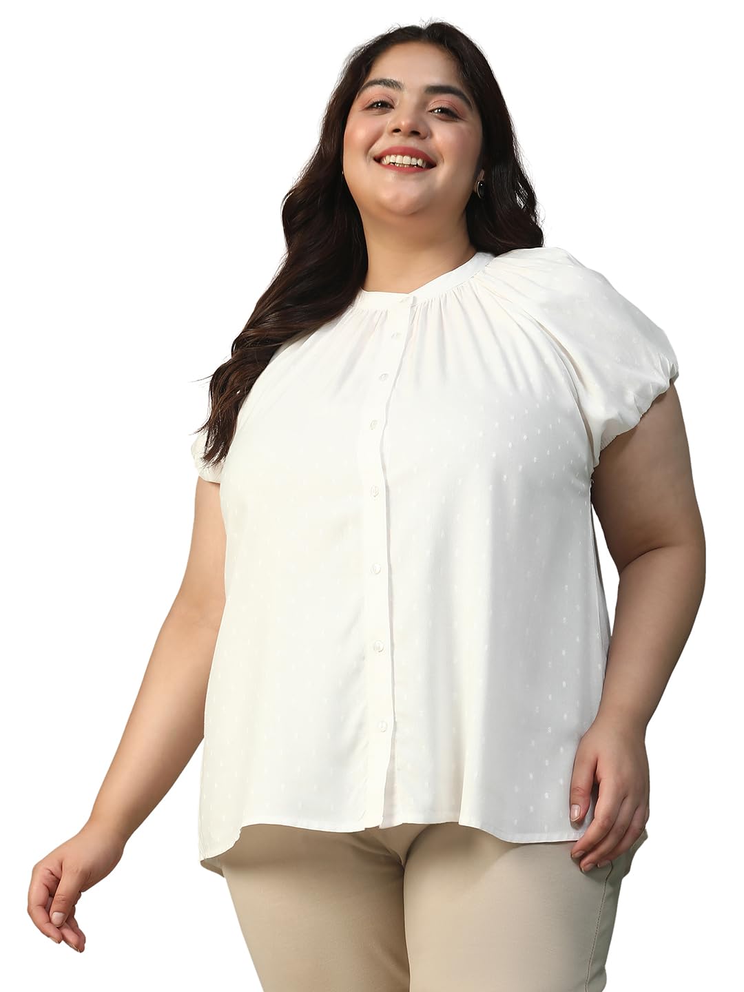 oxolloxo Women Plus Size White Round Neck Short Puffed Sleeve with Button Down & Gather Detail Rayon Swiss Dot Dobby Shirt 4