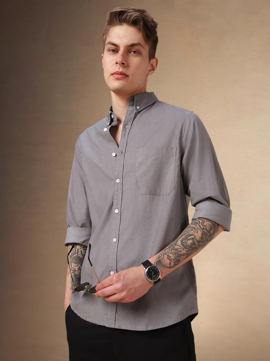 Dennis Lingo Men Grey Solid Cotton Relaxed Fit Full Sleeve Shirts