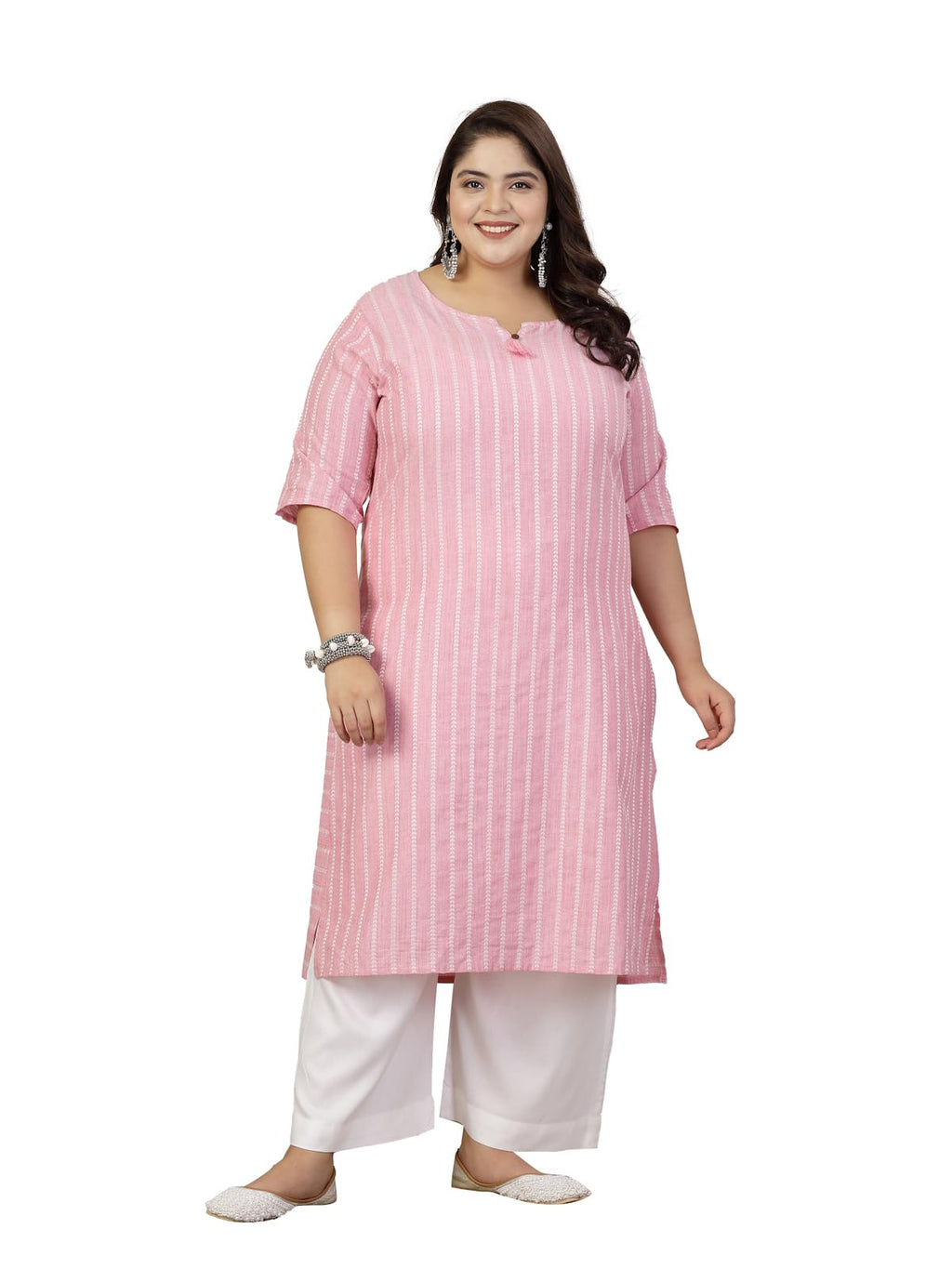 Stylum Plus Size Women Self Woven Striped Cotton Blend Straight Kurta (Yashipinkplus48_Pink, 4Xl)