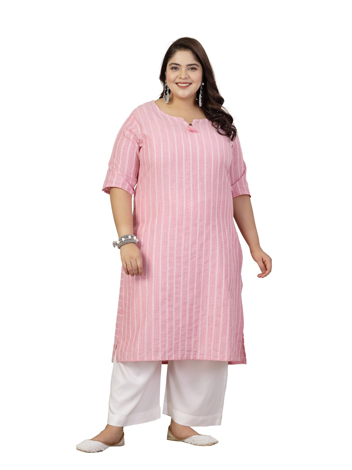 Stylum Plus Size Women Self Woven Striped Cotton Blend Straight Kurta (Yashipinkplus48_Pink, 4Xl)