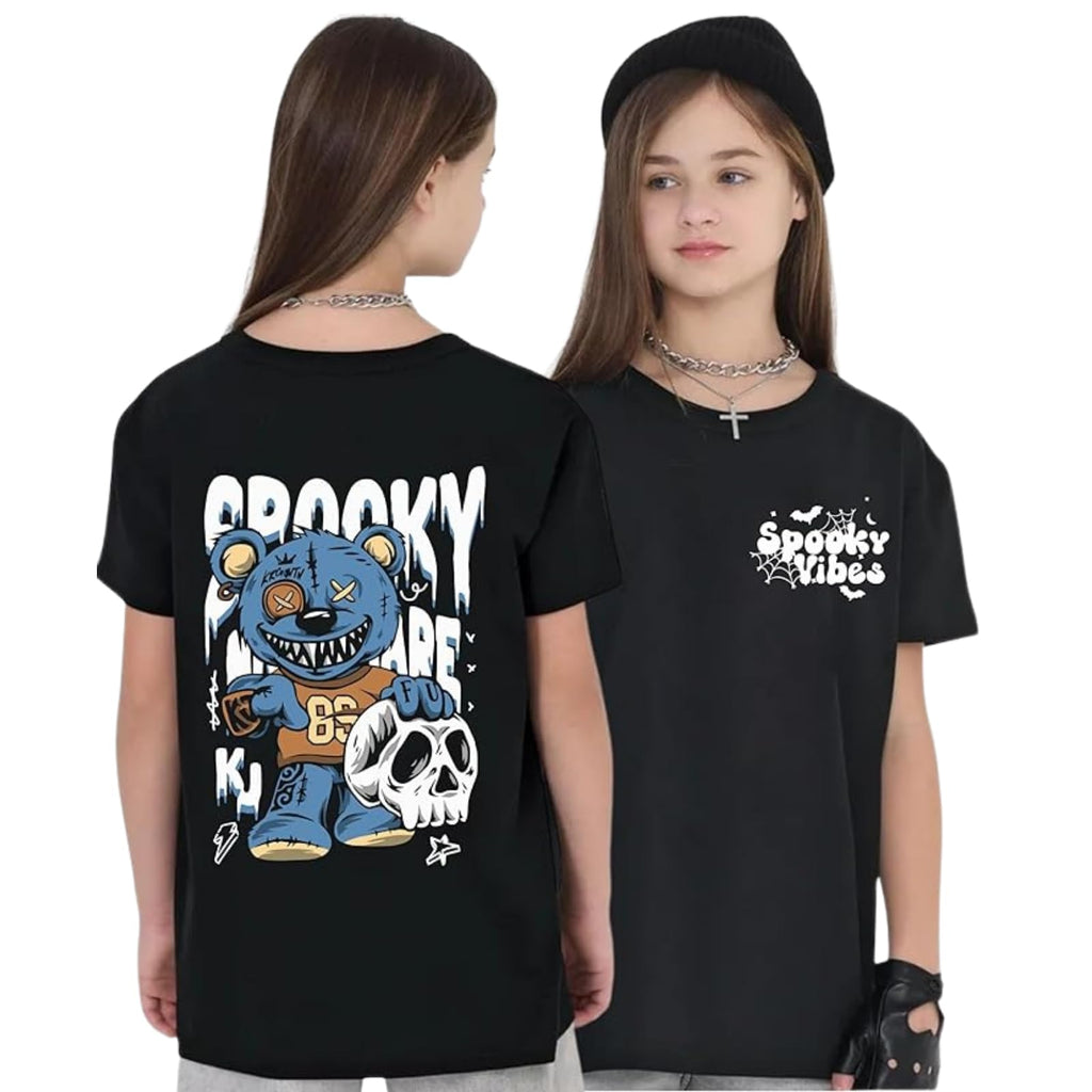 Uniplanet Store GirlS Cotton T-Shirts With Back Spooky Vibes Graphic Prints Round Neck Half Sleeves Regular Fit And Standard Le