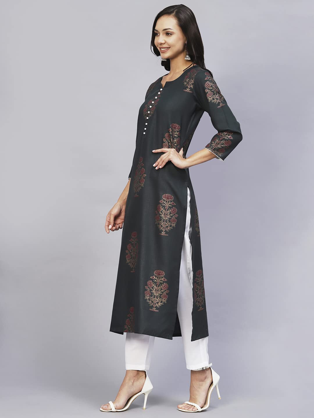 ANNI DESIGNER Womens Cotton Blend Straight Printed Kurta with Pant Set (Black009-Green_L_Blue_Large)
