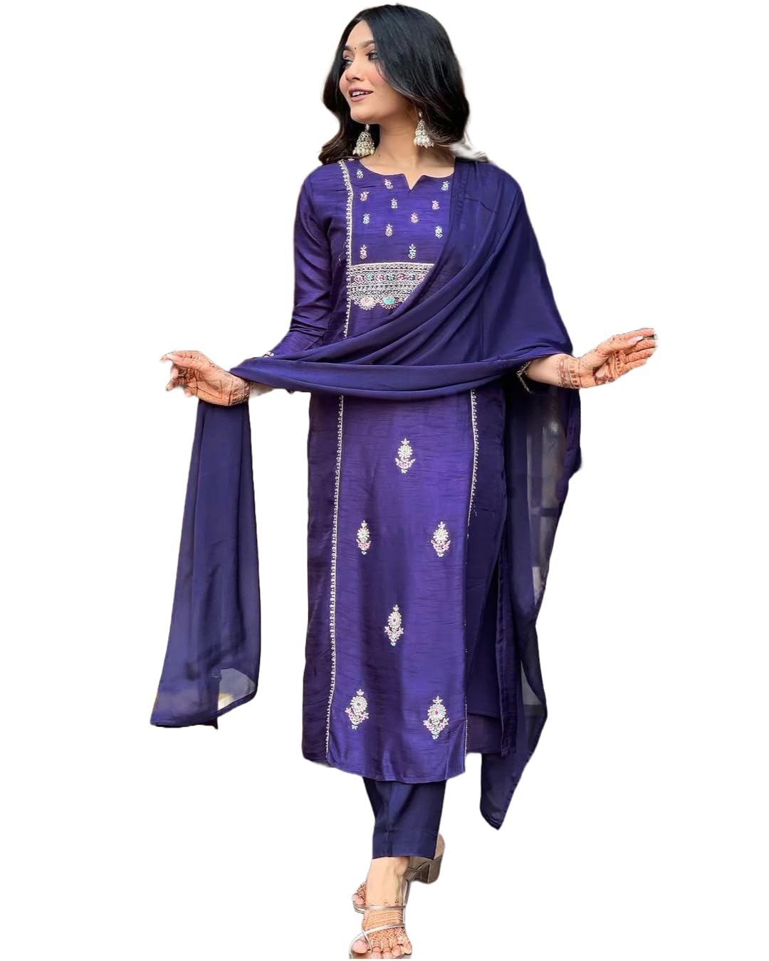 ANNI DESIGNER Womens Cotton Blend Embroidered Straight Kurta with Pant & Dupatta (NEPOLI BEGANI_XXL_Purple_XX-Large)