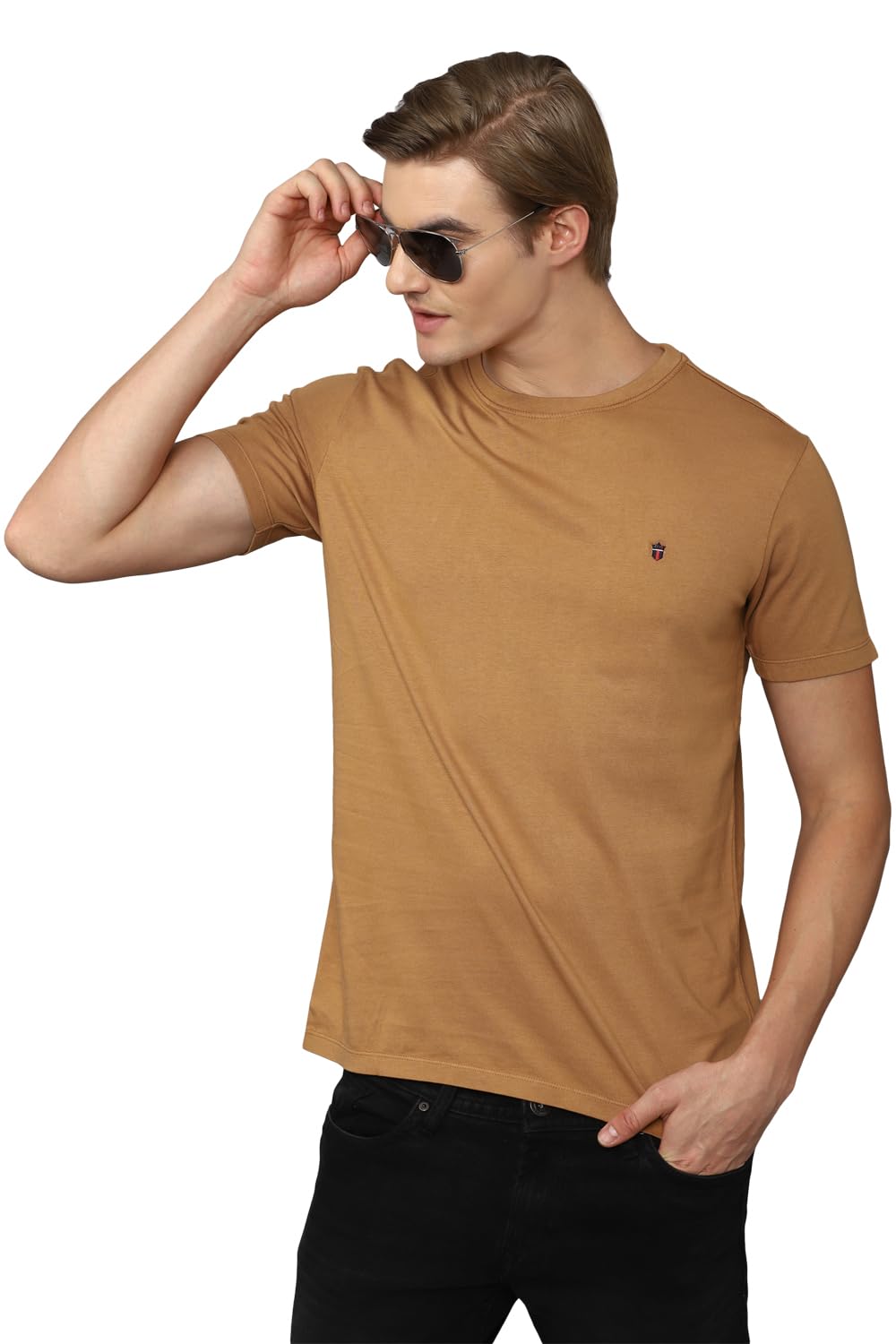 Louis Philippe Men Brown Solid Crew Neck T-Shirt