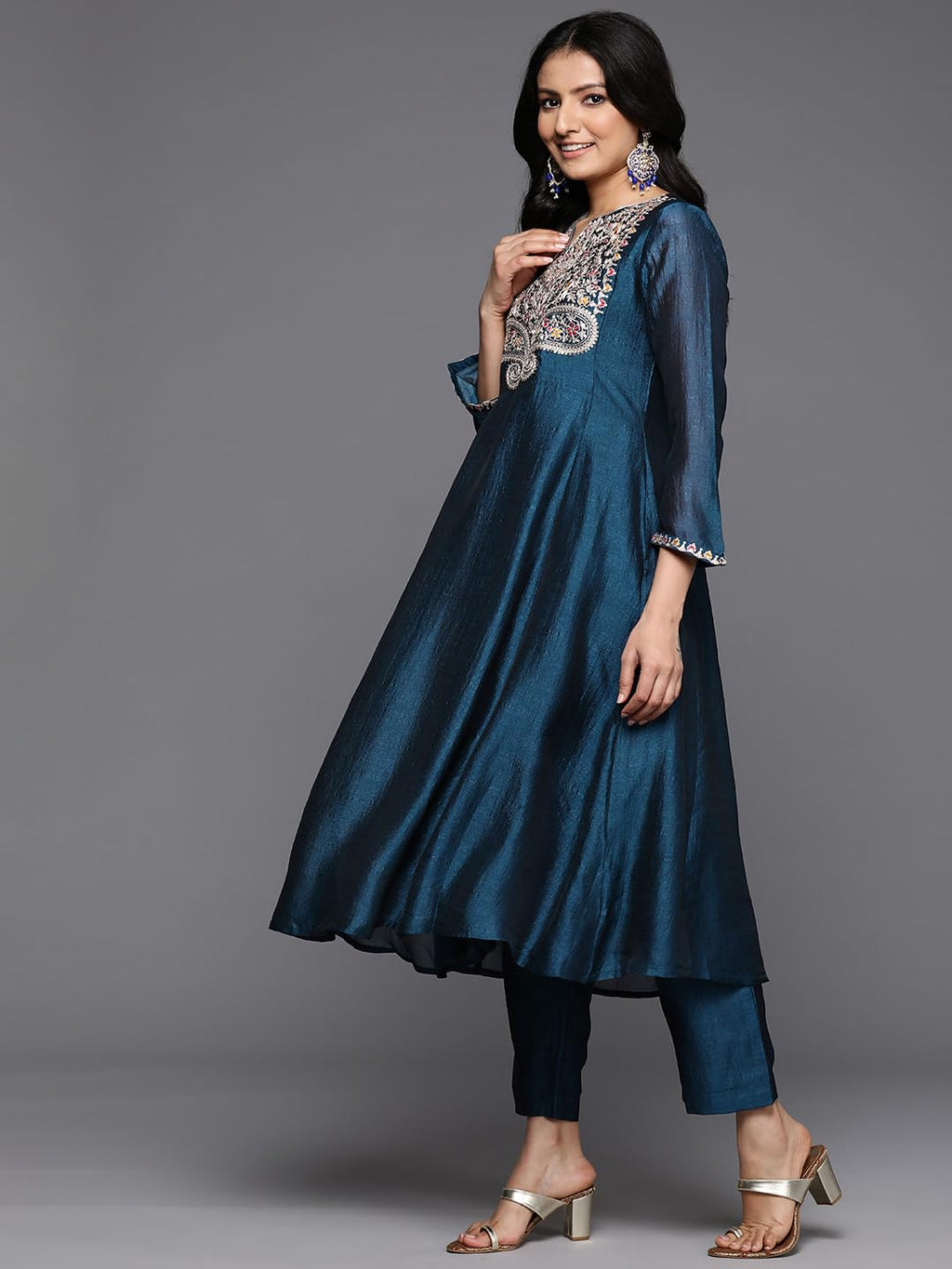 Varanga Women Blue Zari And Thread Embroidered A-Line Kurta With Bottom And Dupatta