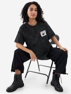 The Souled Store Official Catwoman: Meaow Women and Girls Short Sleeves Round Neck Black Graphic Printed Cotton Oversized T-Shir
