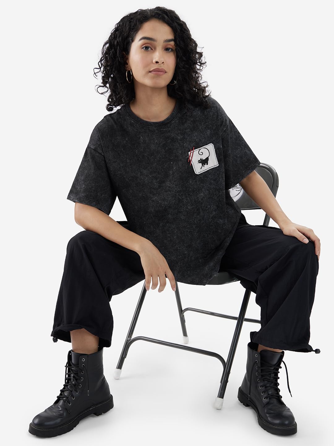 The Souled Store Official Catwoman: Meaow Women and Girls Short Sleeves Round Neck Black Graphic Printed Cotton Oversized T-Shir