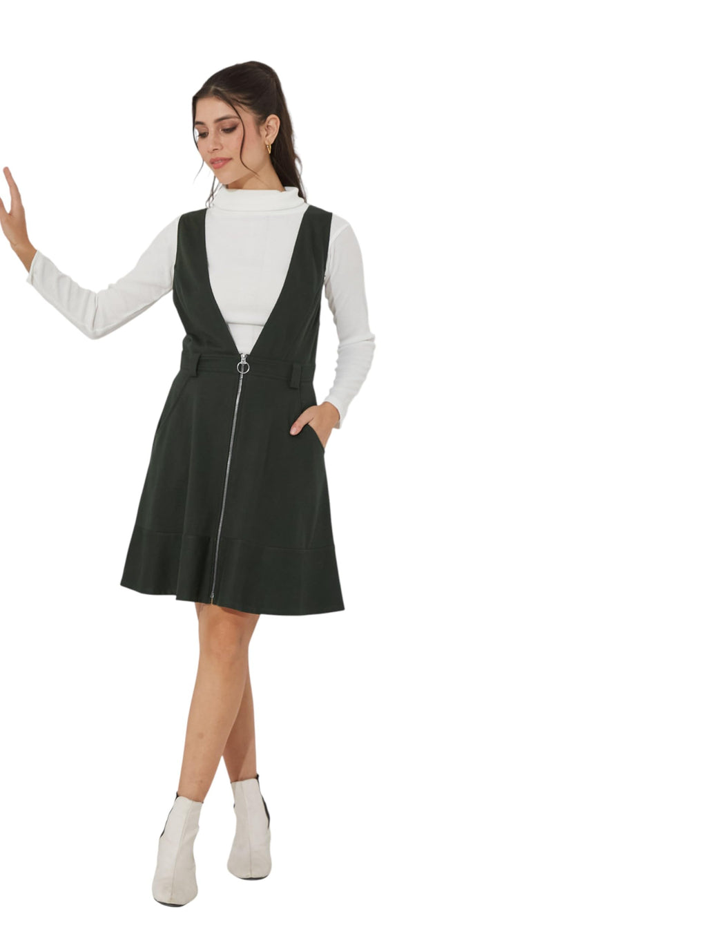 Miss Chase Polyester Pinafore Dress With Zipper Detail And Side Pockets (Mcaw25D16-95-168-06, Bottle Green, Xl)
