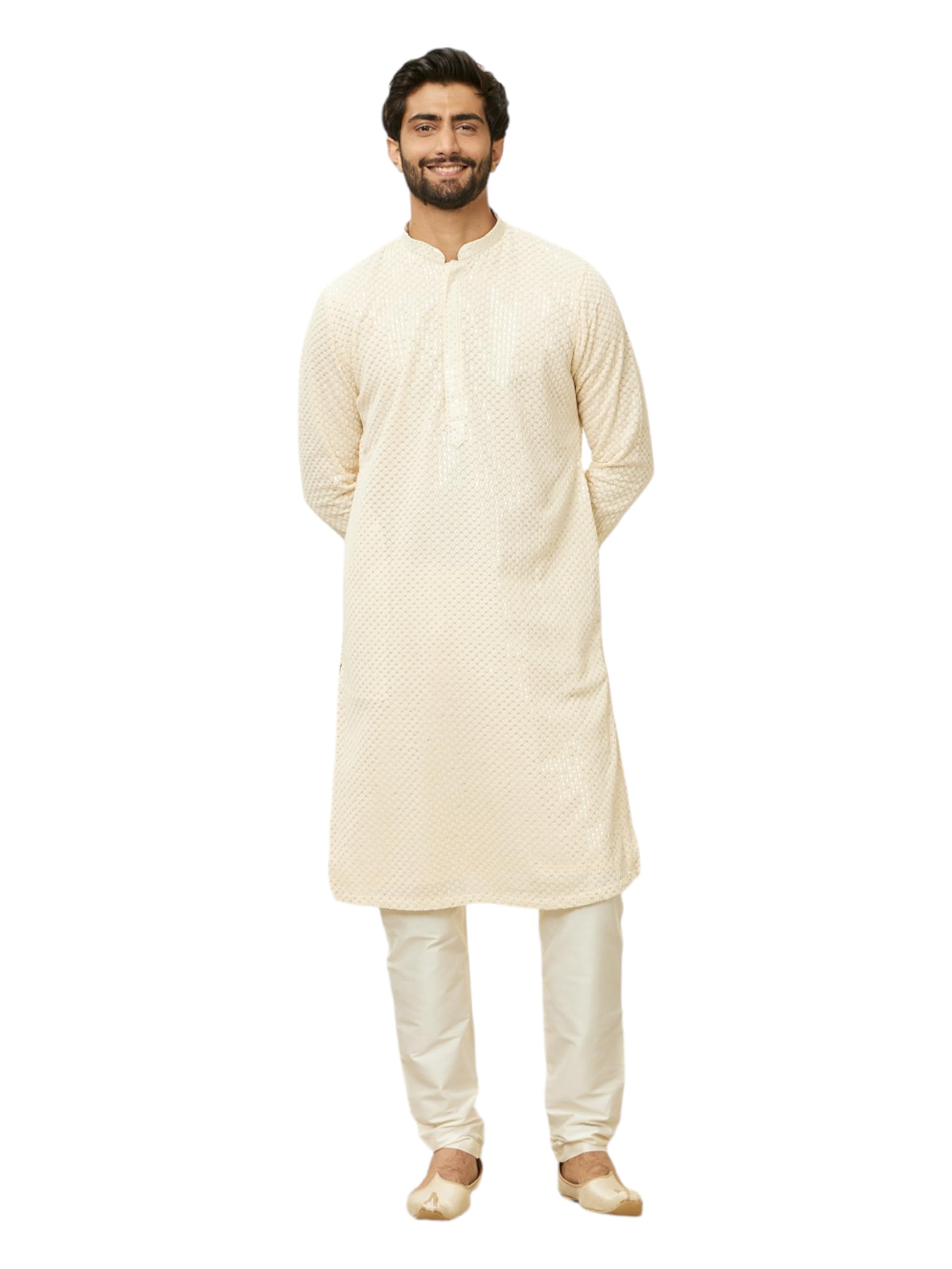 Manyavar Mens Cream Georgette Embroidered Kurta Pyjama Set