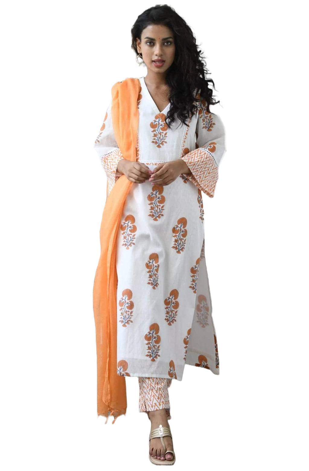 ANNI DESIGNER Womens Cotton Blend Straight Printed Kurta with Pant & Dupatta (SAGANERI-ORANGE_XXL_Orange_XX-Large)
