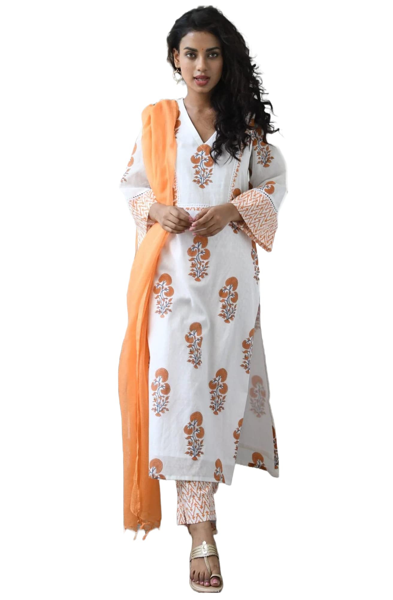 ANNI DESIGNER Womens Cotton Blend Straight Printed Kurta with Pant & Dupatta (SAGANERI-ORANGE_XXL_Orange_XX-Large)