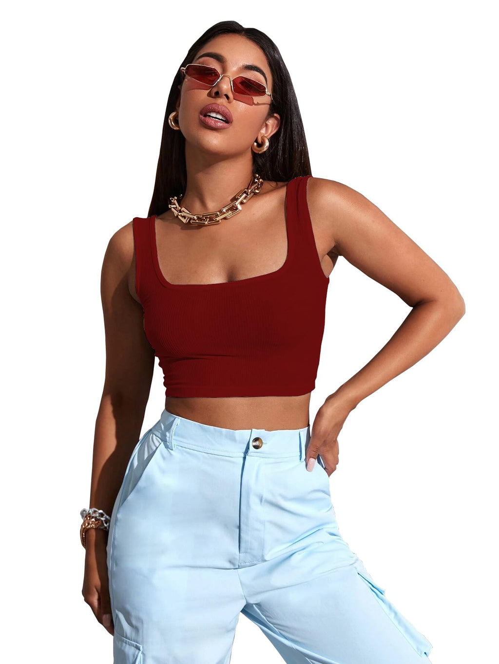 Sugathari Womens & Girls Solid Ribbed Boat Neck Sleeveless Crop Tops for Women (Top 36 Maroon XS)
