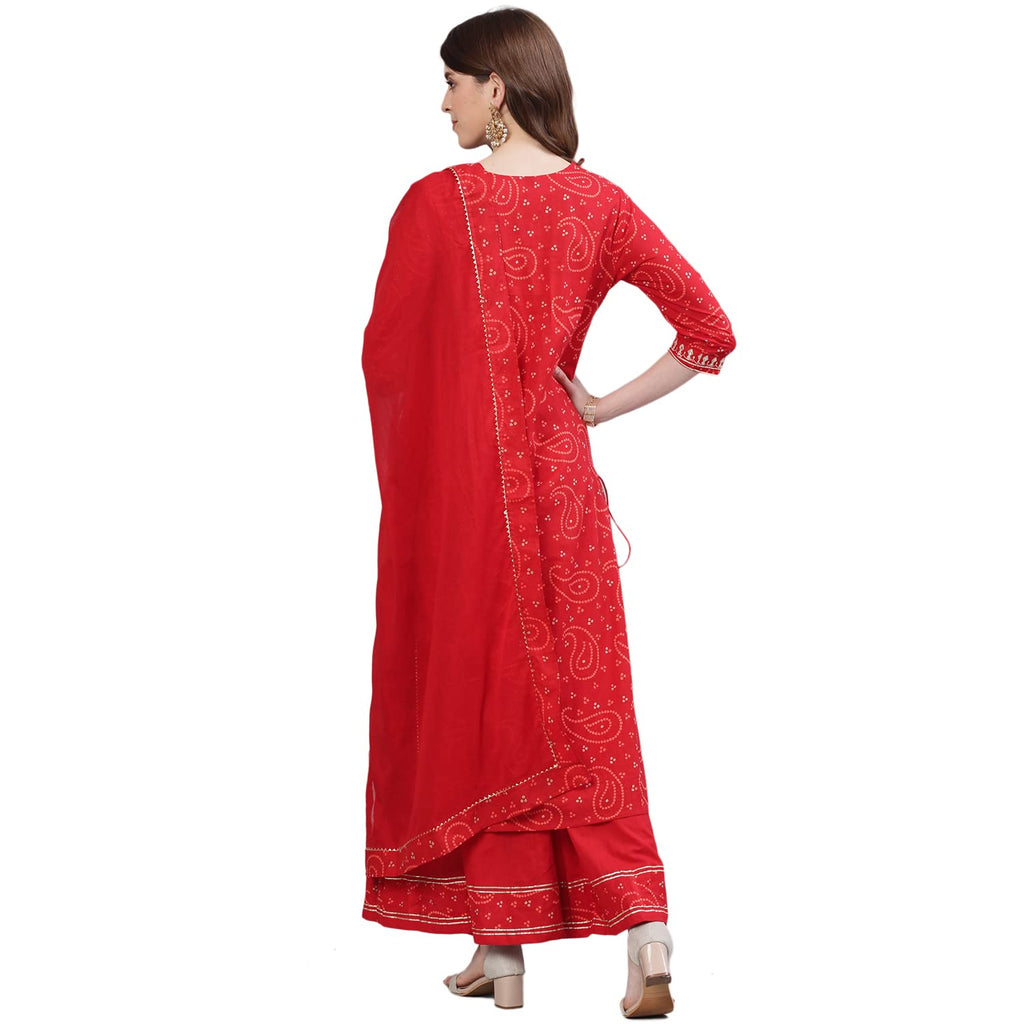 ishin Womens Cotton Bandhani Embroidered Straight Kurta Sharara Dupattta Set
